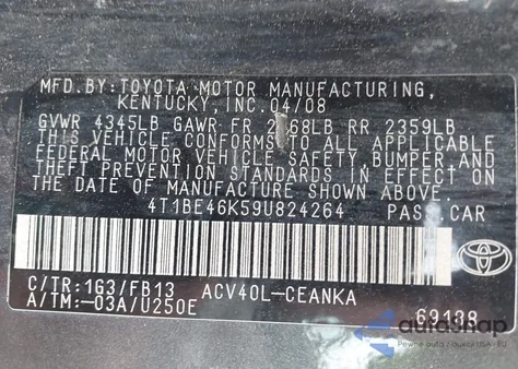 2009 Toyota Camry Le z USA, uszkodzony, nr VIN 4T1BE46K49U898016